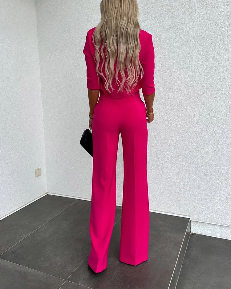 Owronline - Solid Color Jacket & High Waist Straight Pants Set