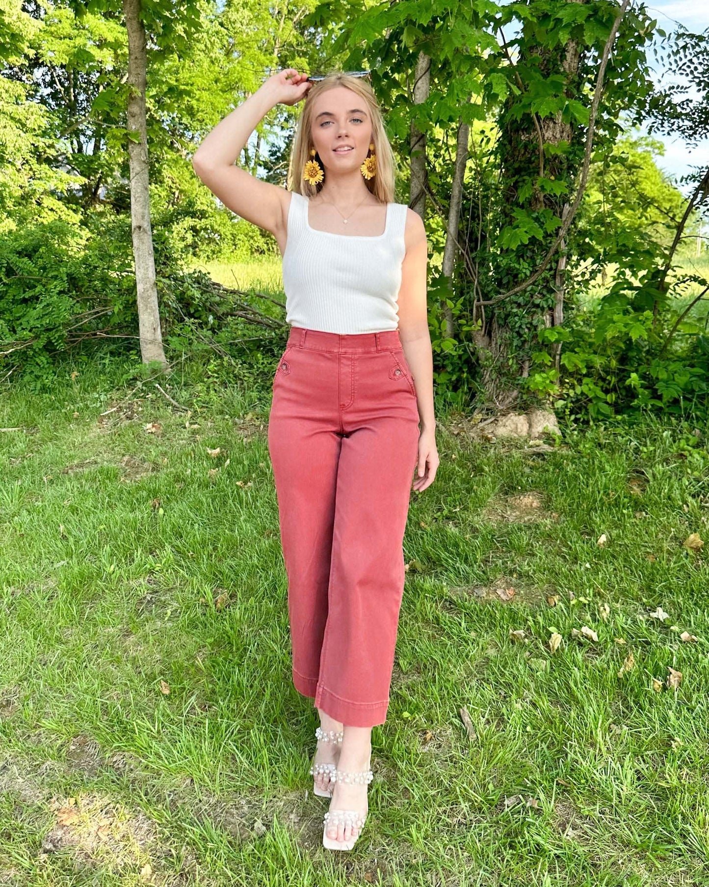 Owronline - Tummy Control Twill Cropped Wide Leg Pant