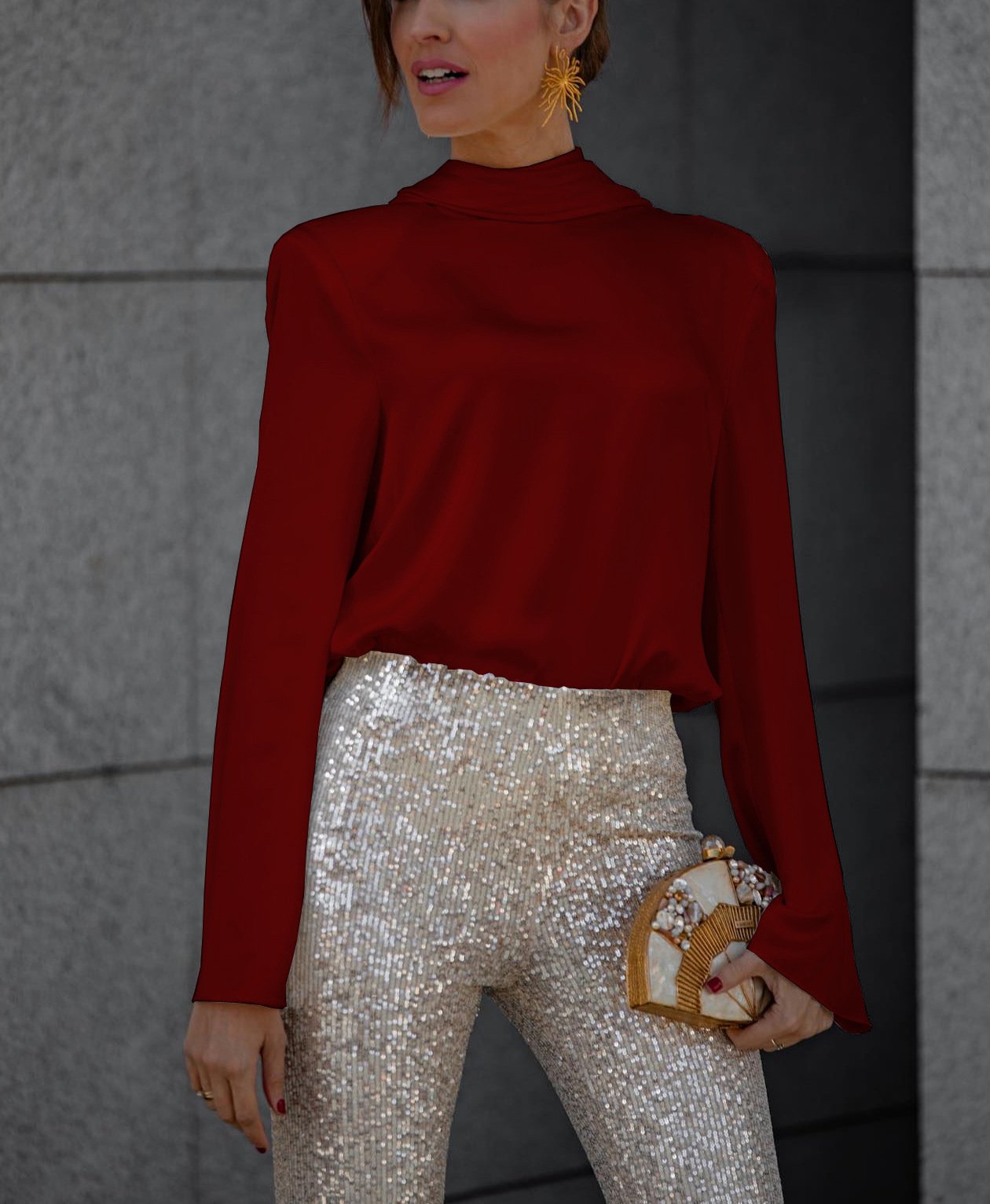 Owronline - Satin Back Chain Cowl Neck Shirt & Sequined Slim Fit Flare Pants