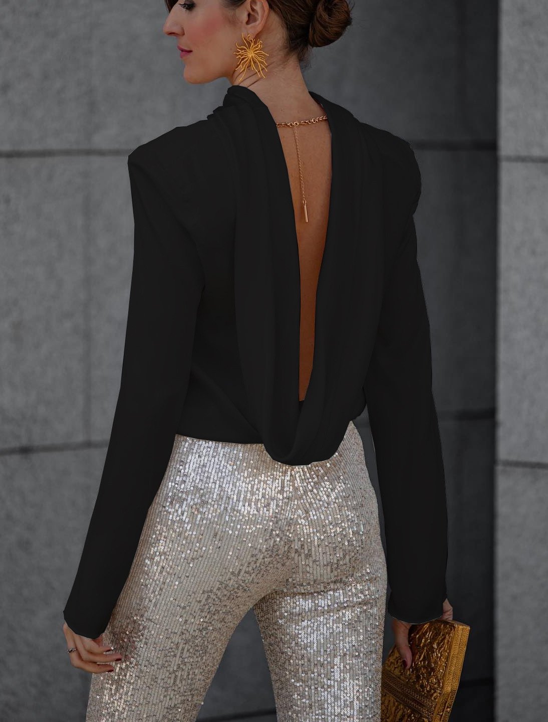 Owronline - Satin Back Chain Cowl Neck Shirt & Sequined Slim Fit Flare Pants