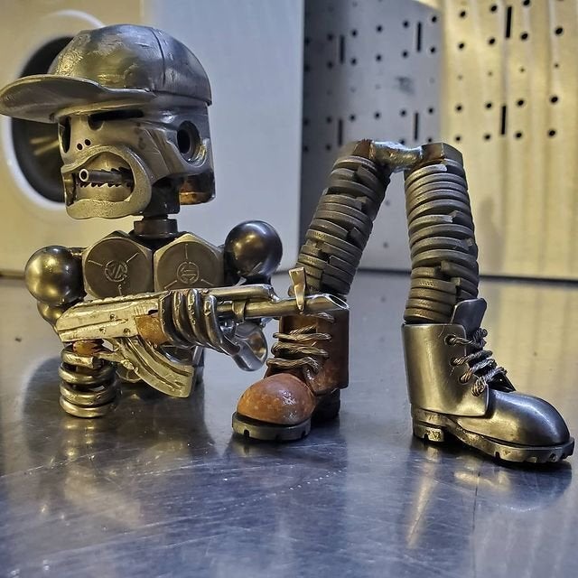 Scrap Metal Standing Warrior Sculpture/Handmade-Piston Man