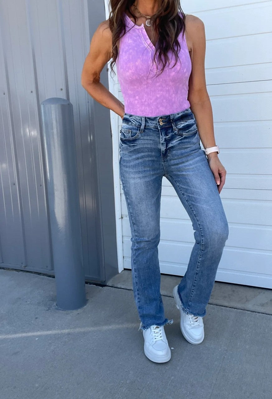 Owronline - Vintage Double Button Frayed Hem Bootcut Jeans
