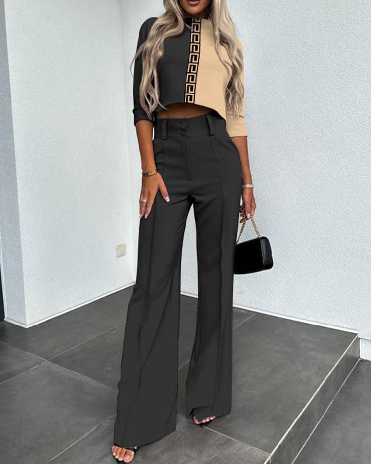 Owronline - Solid Color Jacket & High Waist Straight Pants Set