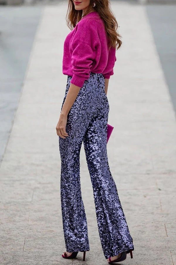 Owronline - Satin Back Chain Cowl Neck Shirt & Sequined Slim Fit Flare Pants