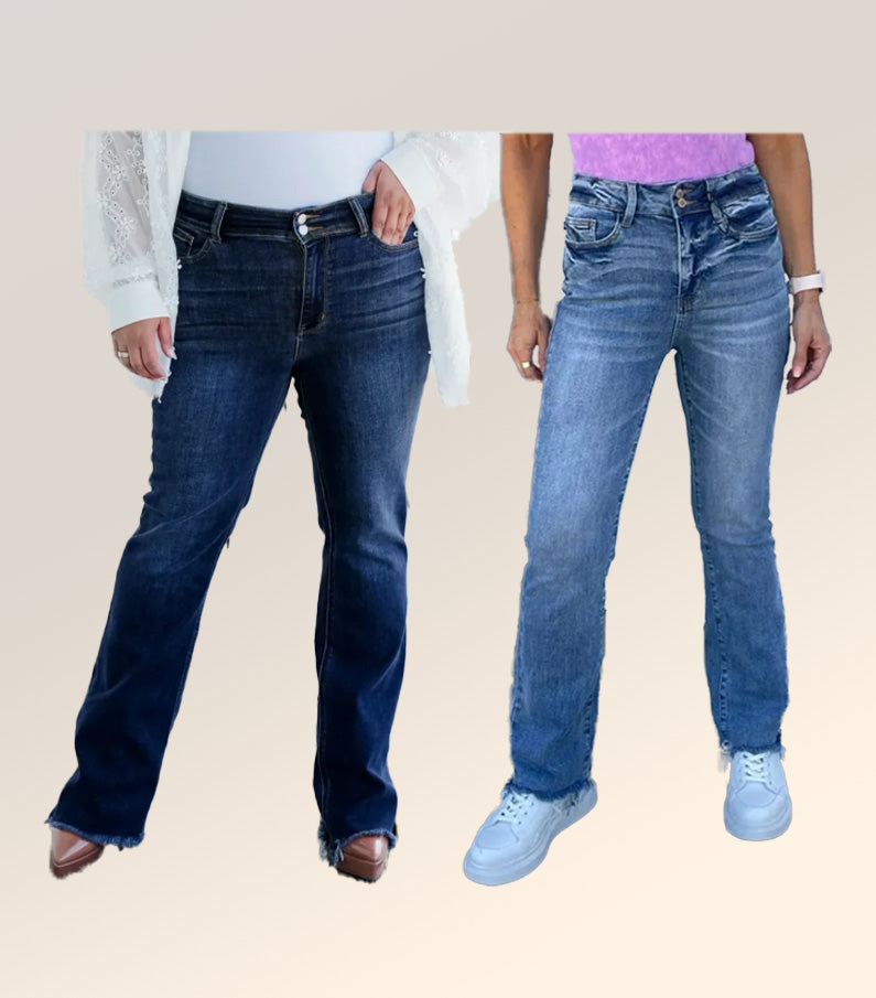 Owronline - Vintage Double Button Frayed Hem Bootcut Jeans