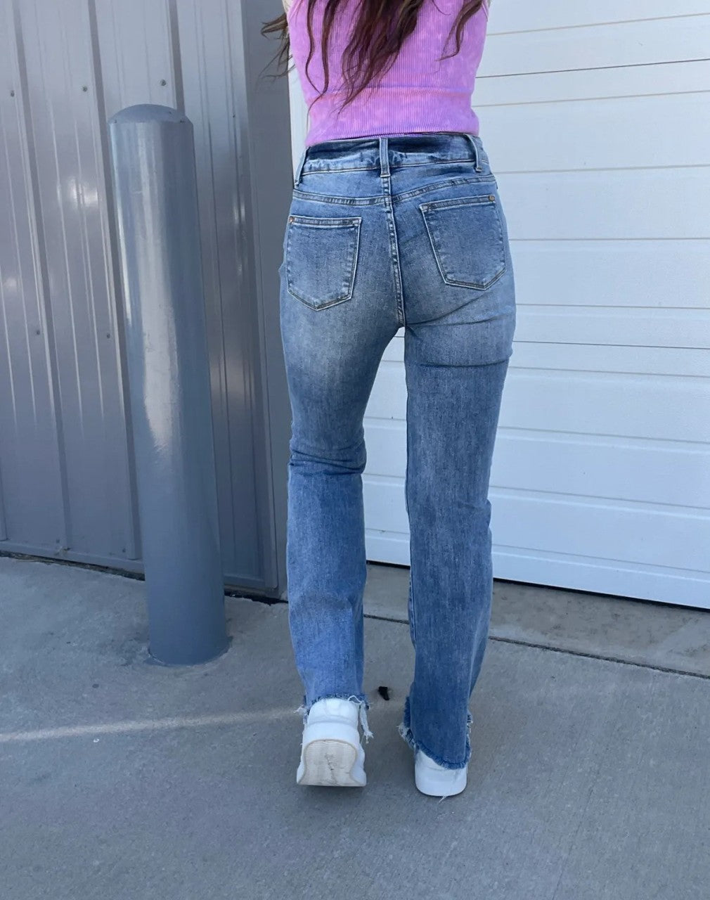 Owronline - Vintage Double Button Frayed Hem Bootcut Jeans