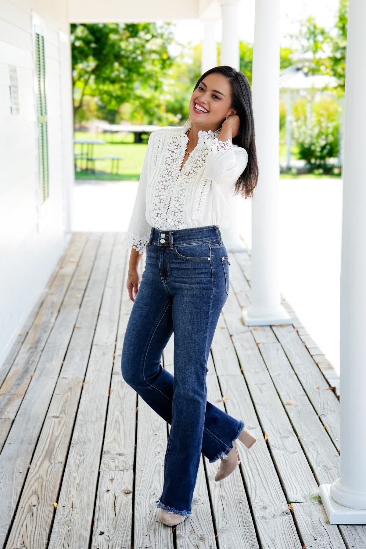 Owronline - Vintage Double Button Frayed Hem Bootcut Jeans