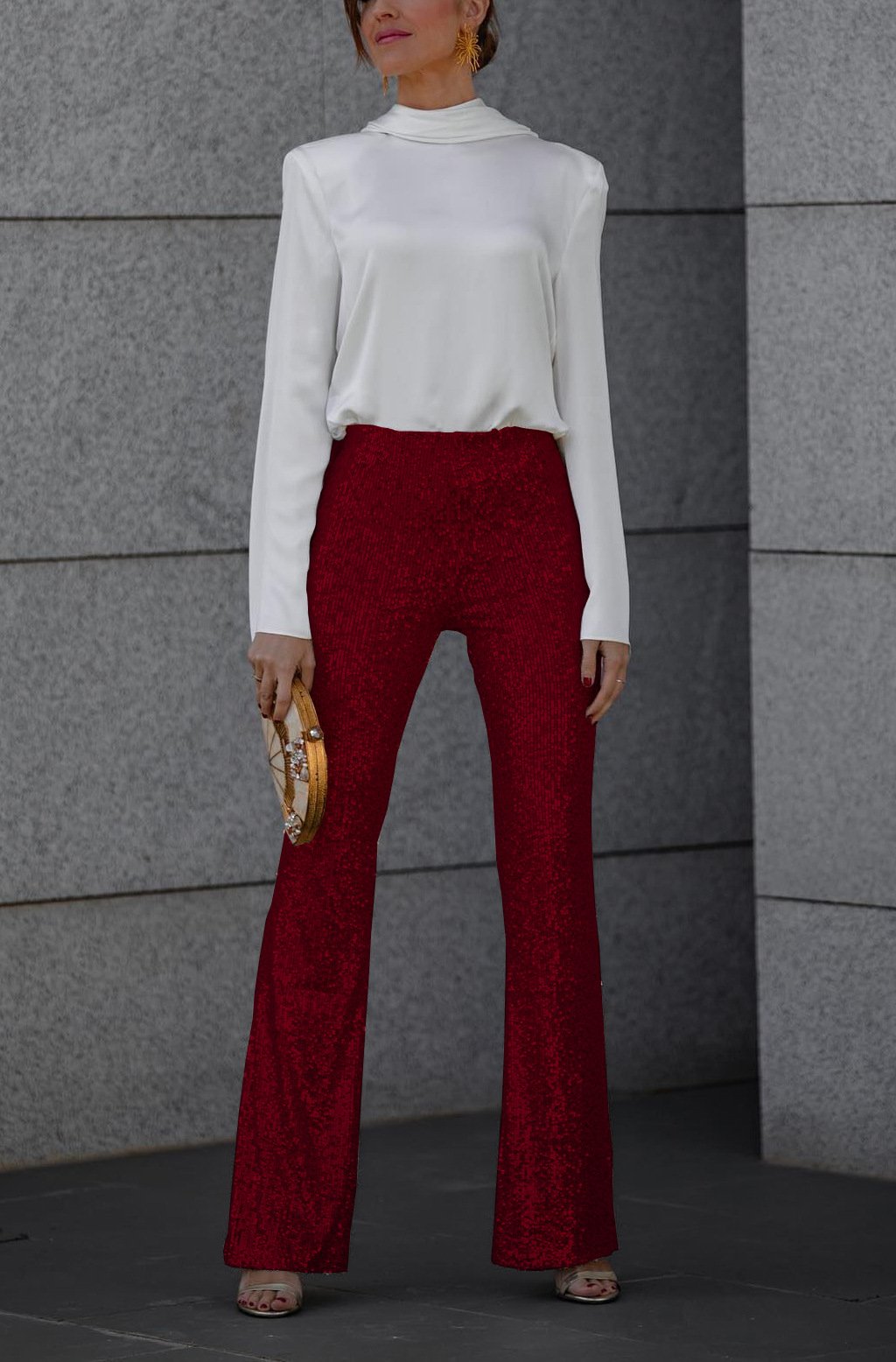 Owronline - Satin Back Chain Cowl Neck Shirt & Sequined Slim Fit Flare Pants