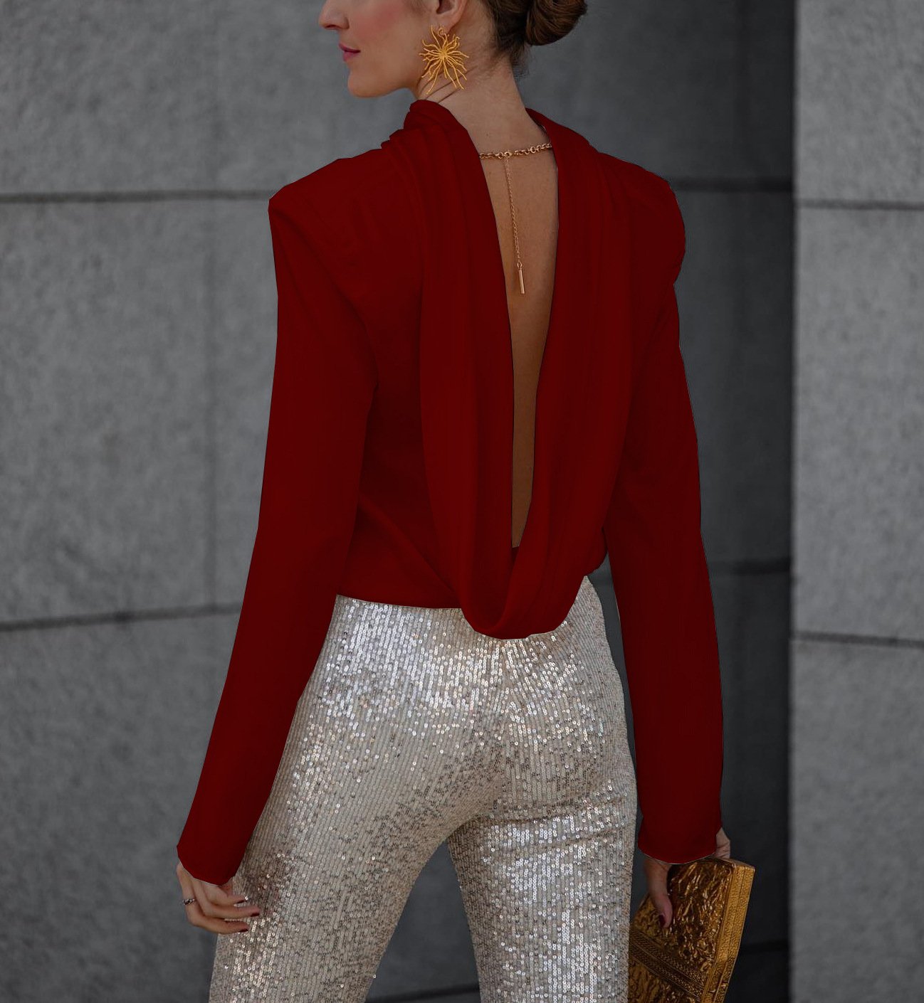 Owronline - Satin Back Chain Cowl Neck Shirt & Sequined Slim Fit Flare Pants