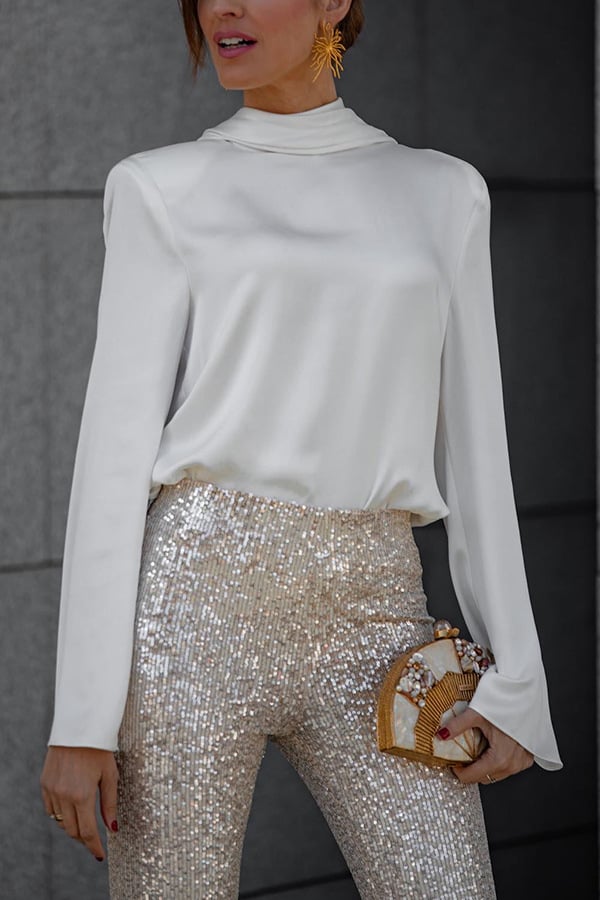 Owronline - Satin Back Chain Cowl Neck Shirt & Sequined Slim Fit Flare Pants