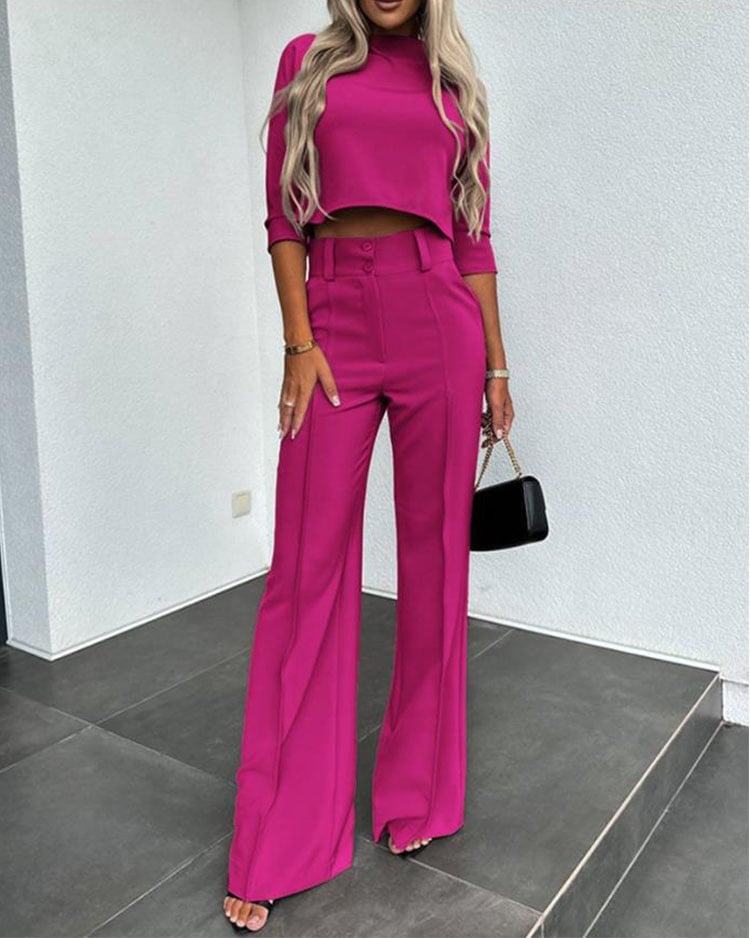 Owronline - Solid Color Jacket & High Waist Straight Pants Set