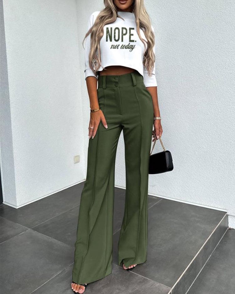 Owronline - Solid Color Jacket & High Waist Straight Pants Set