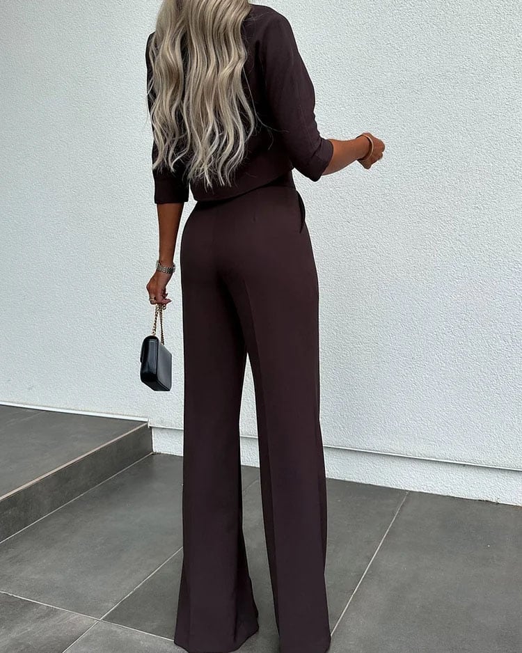 Owronline - Solid Color Jacket & High Waist Straight Pants Set
