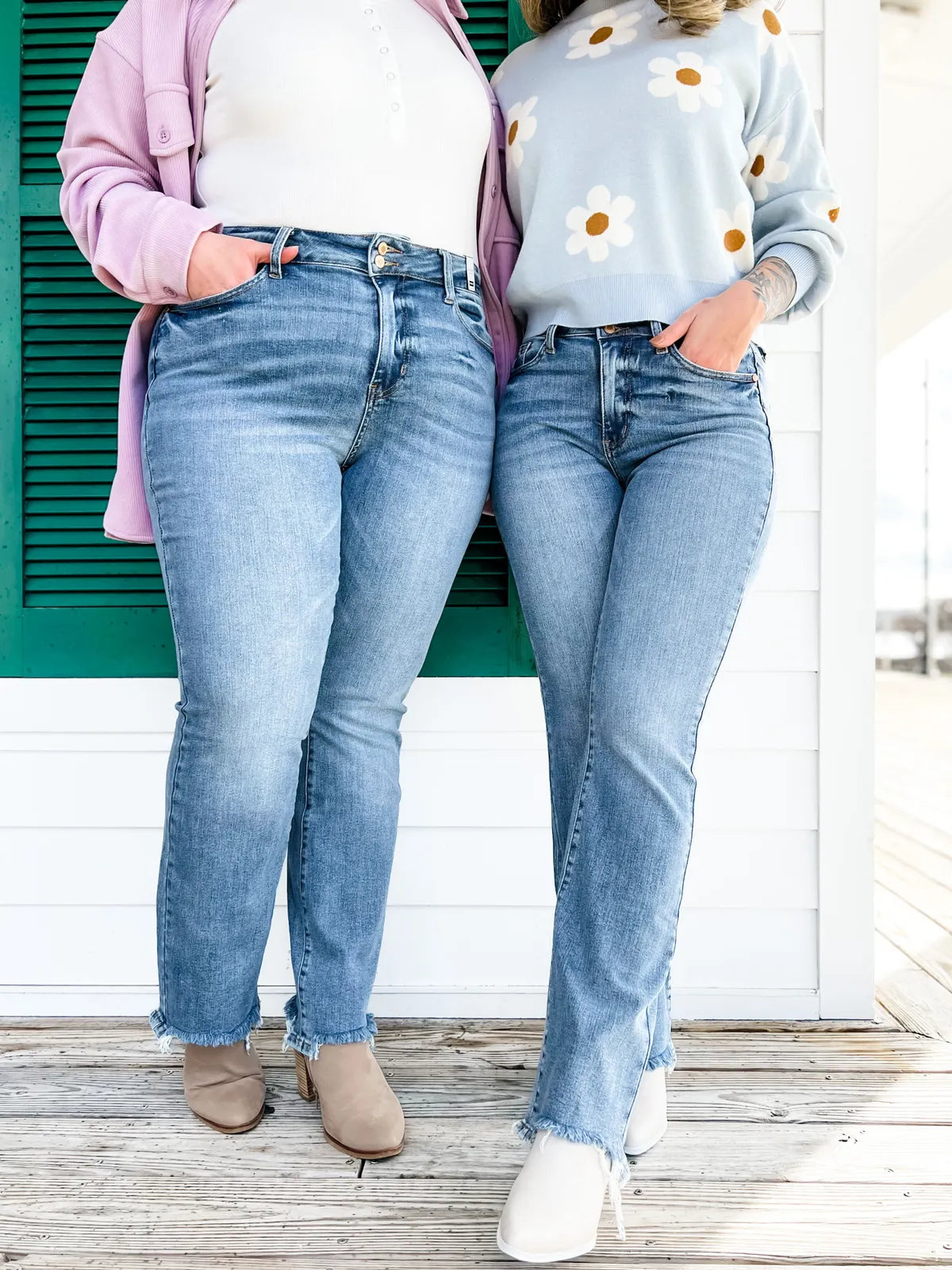 Owronline - Vintage Double Button Frayed Hem Bootcut Jeans