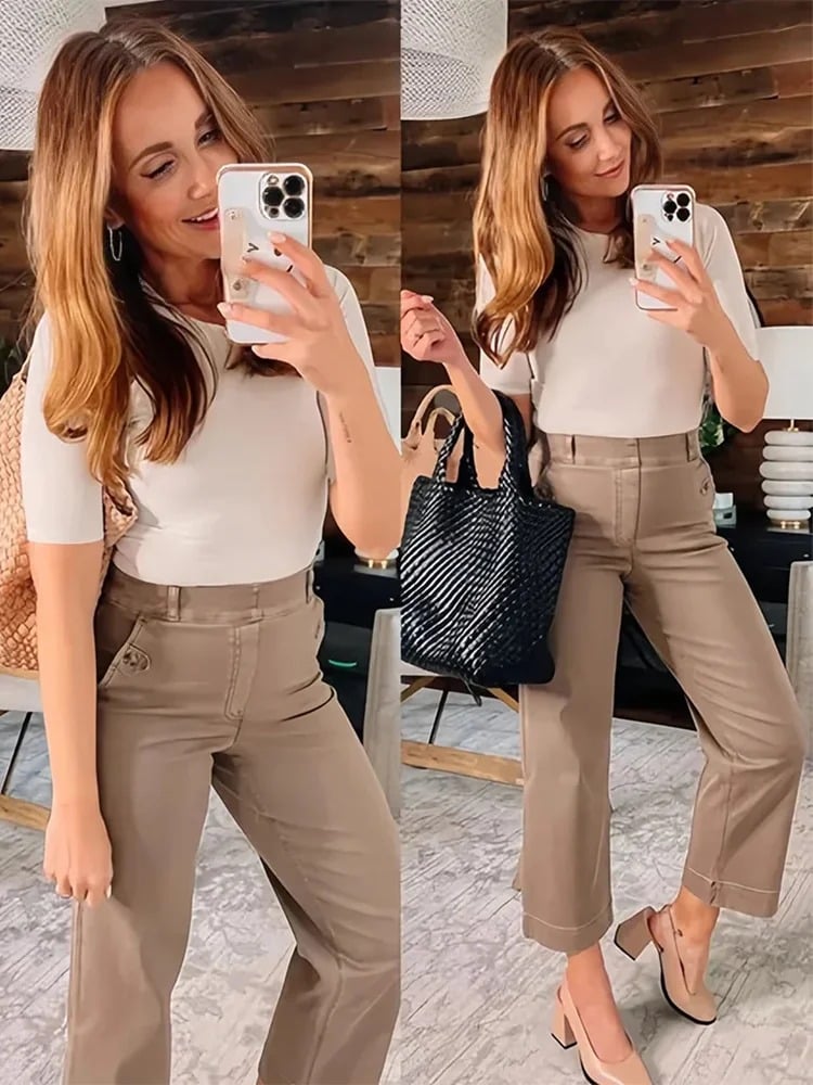 Owronline - Tummy Control Twill Cropped Wide Leg Pant