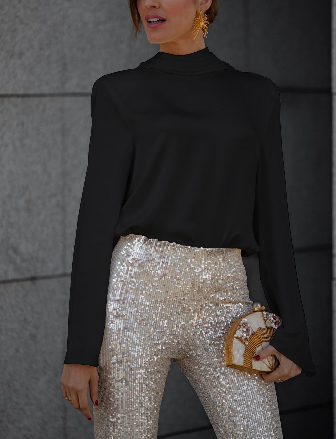 Owronline - Satin Back Chain Cowl Neck Shirt & Sequined Slim Fit Flare Pants
