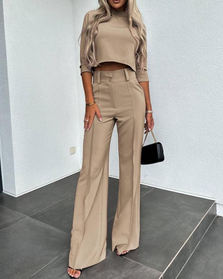 Owronline - Solid Color Jacket & High Waist Straight Pants Set