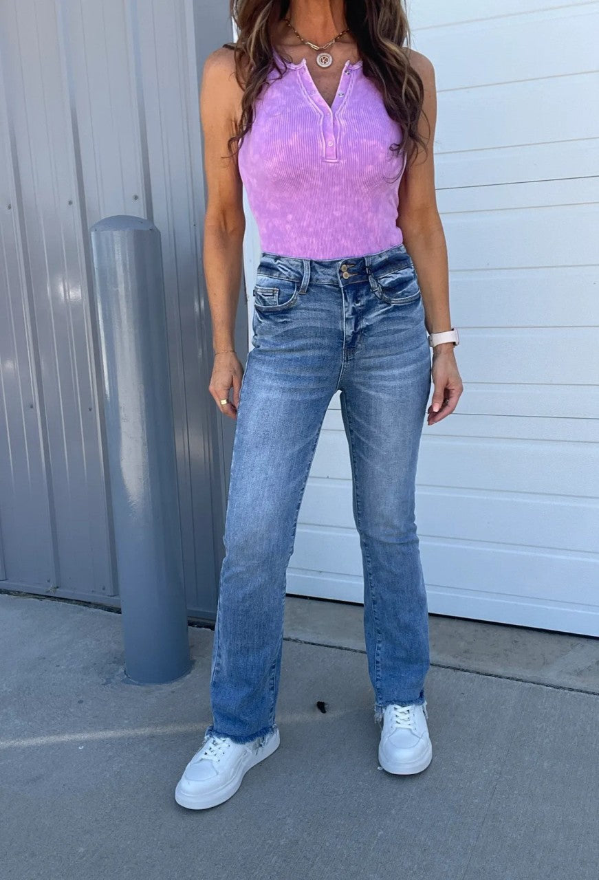 Owronline - Vintage Double Button Frayed Hem Bootcut Jeans