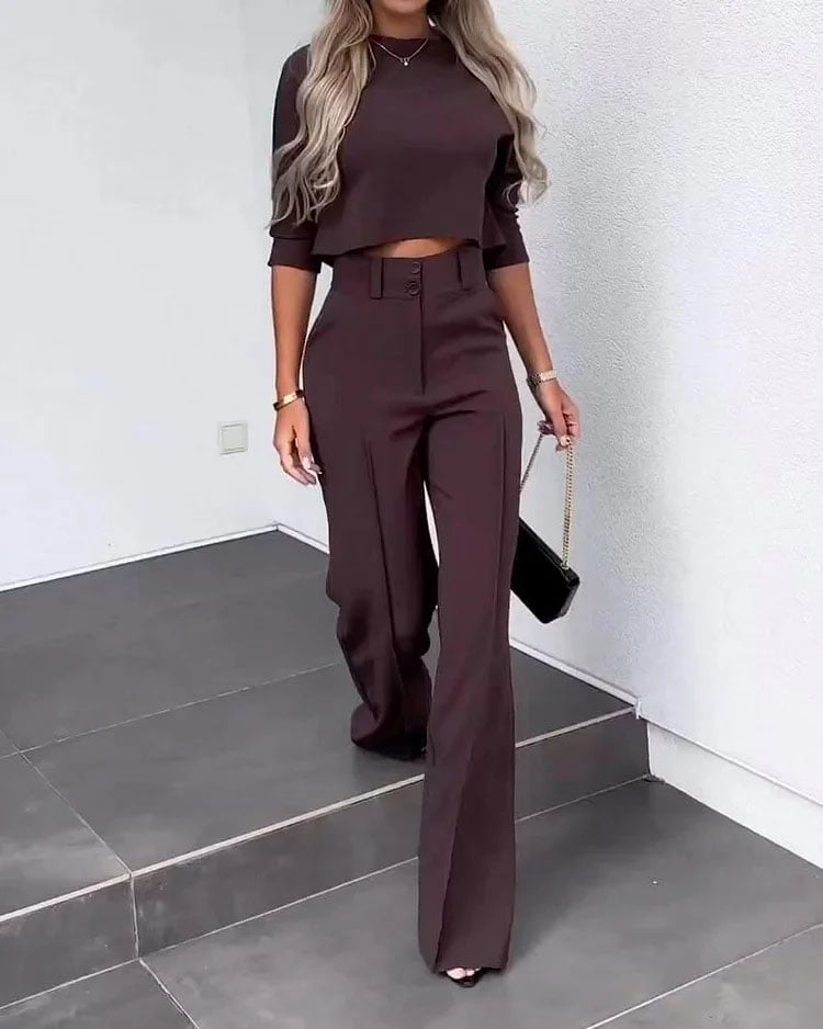 Owronline - Solid Color Jacket & High Waist Straight Pants Set