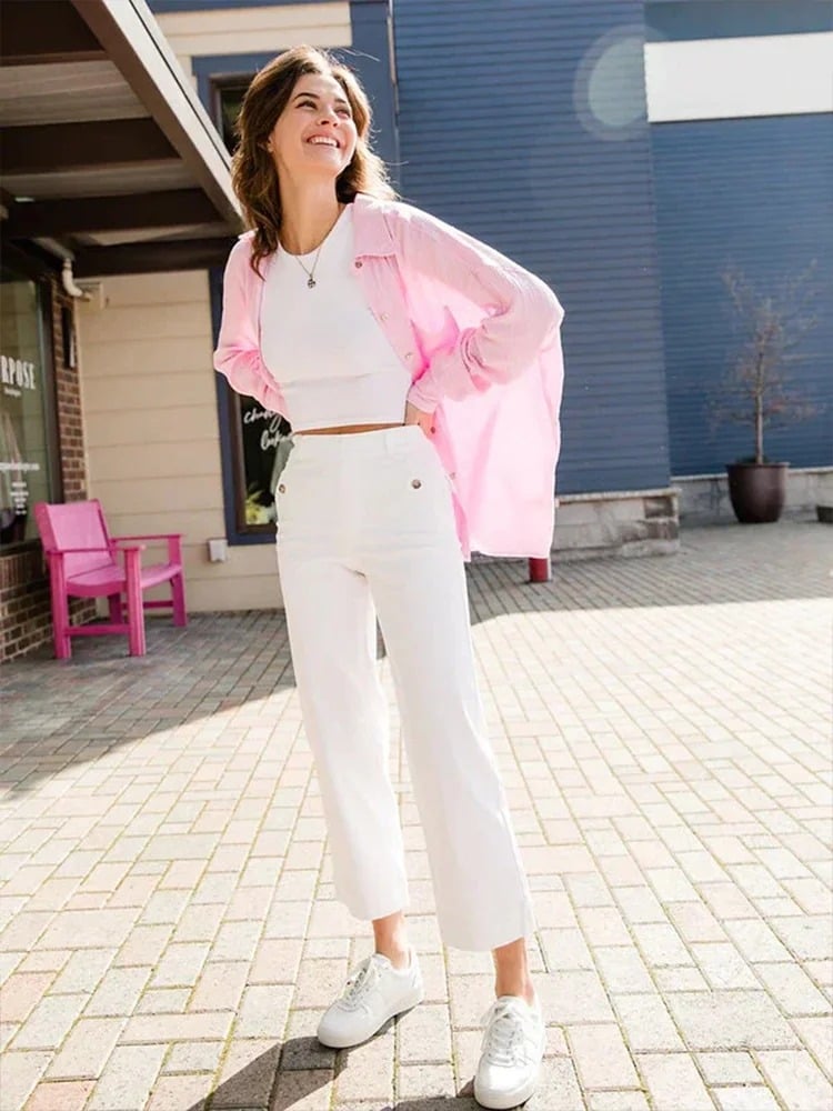 Owronline - Tummy Control Twill Cropped Wide Leg Pant
