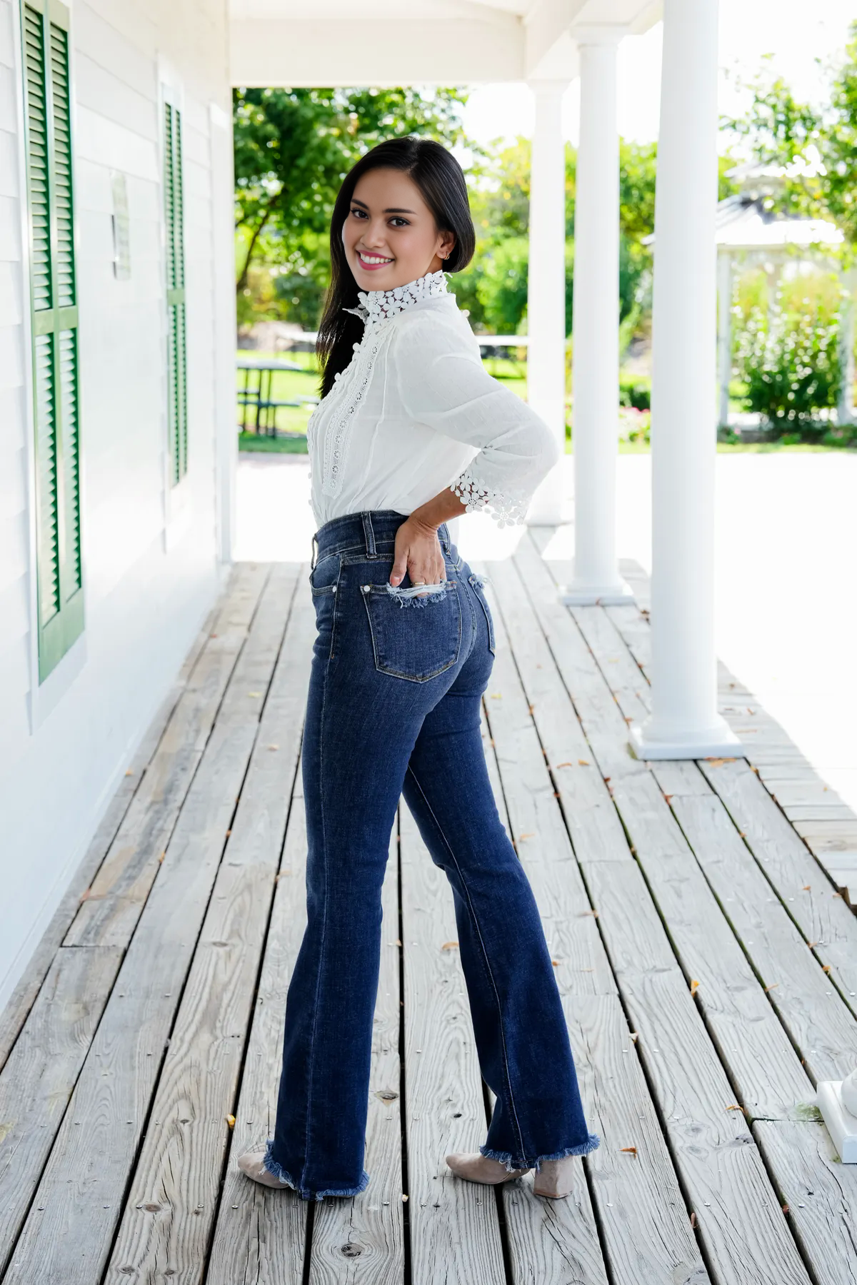 Owronline - Vintage Double Button Frayed Hem Bootcut Jeans