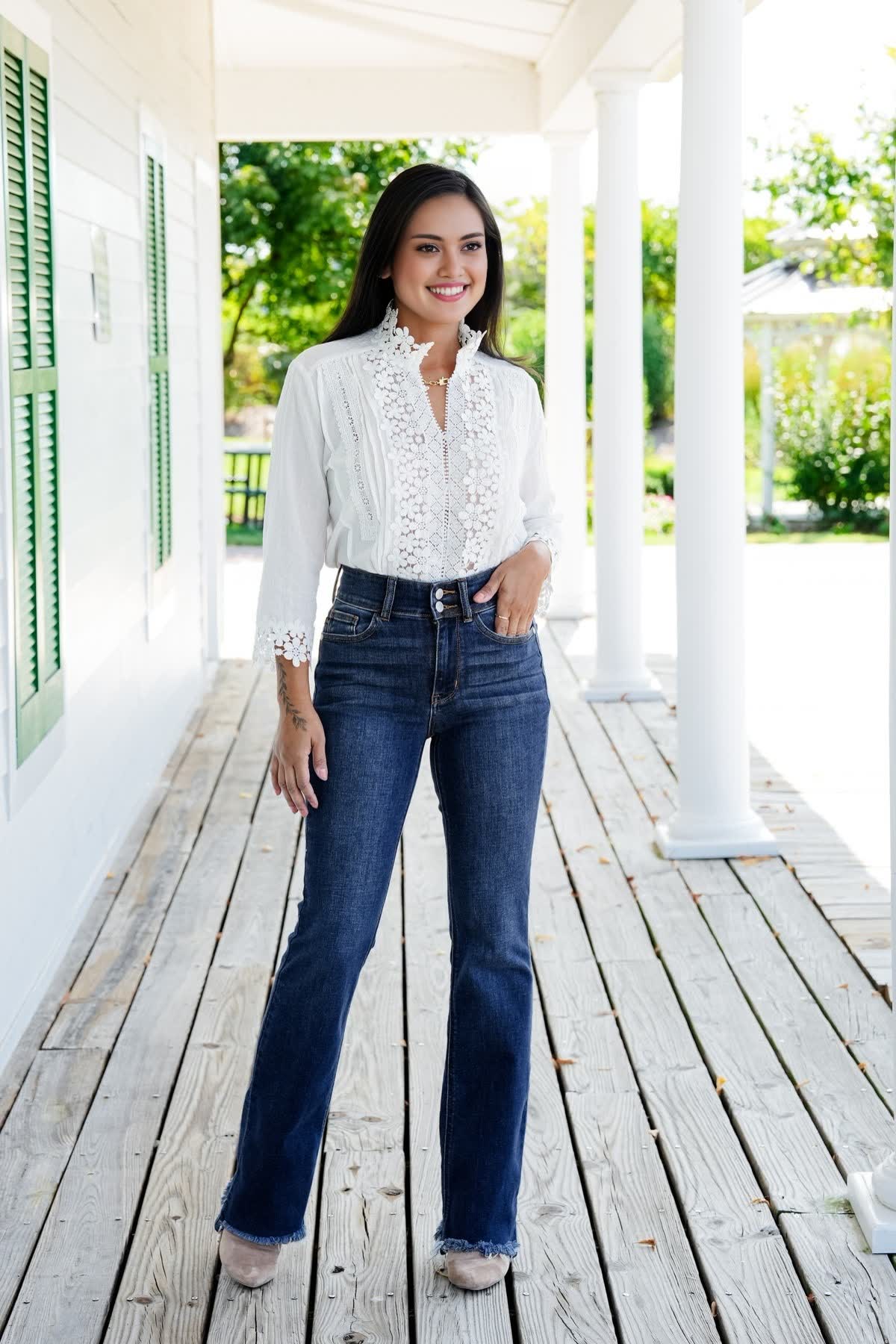 Owronline - Vintage Double Button Frayed Hem Bootcut Jeans