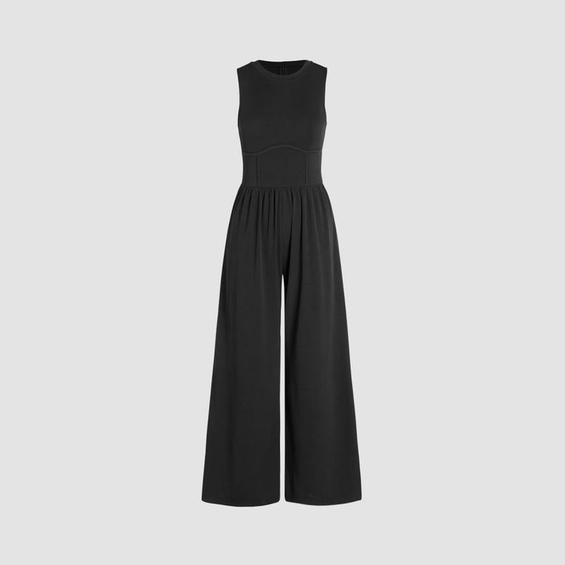 Owronline - Women’s Solid Sleeveless Wide Leg Jumpsuit