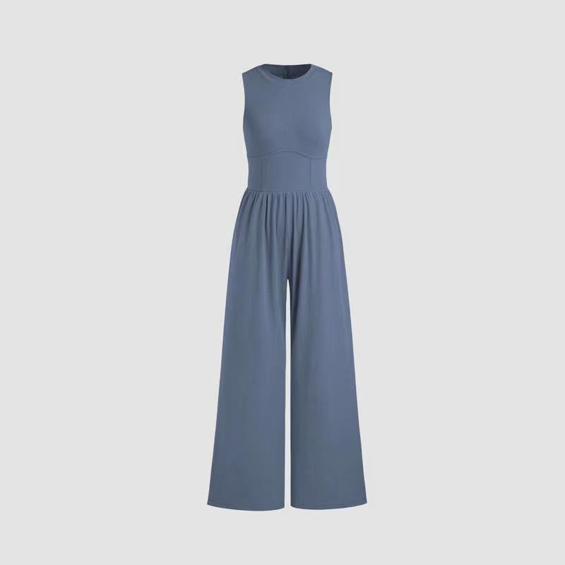 Owronline - Women’s Solid Sleeveless Wide Leg Jumpsuit