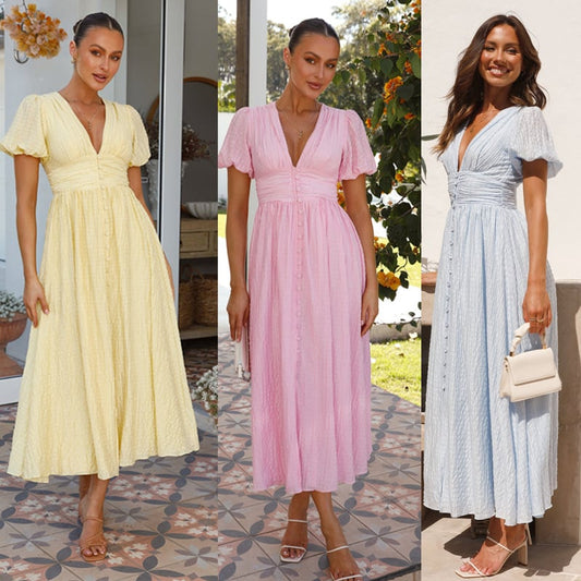Owronline - Rustic V Neck Button Zip Pleated Slit Puff Sleeve Maxi Dress