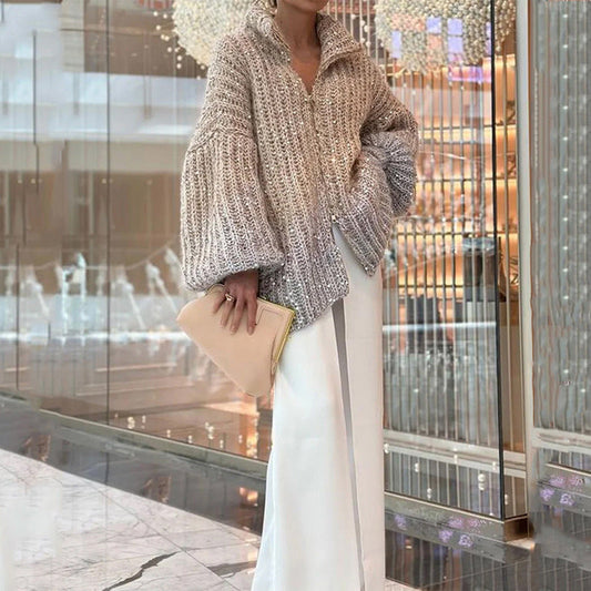 Owronline - Solid Color Sequin Knit Sweater Jacket