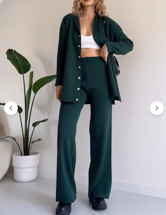 Owronline - Striped Jacquard Button-Knit Two-Piece Set - owronline
