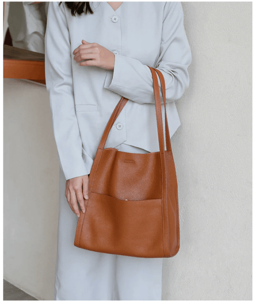 Owronline - Solid color simple genuine leather shoulder bag