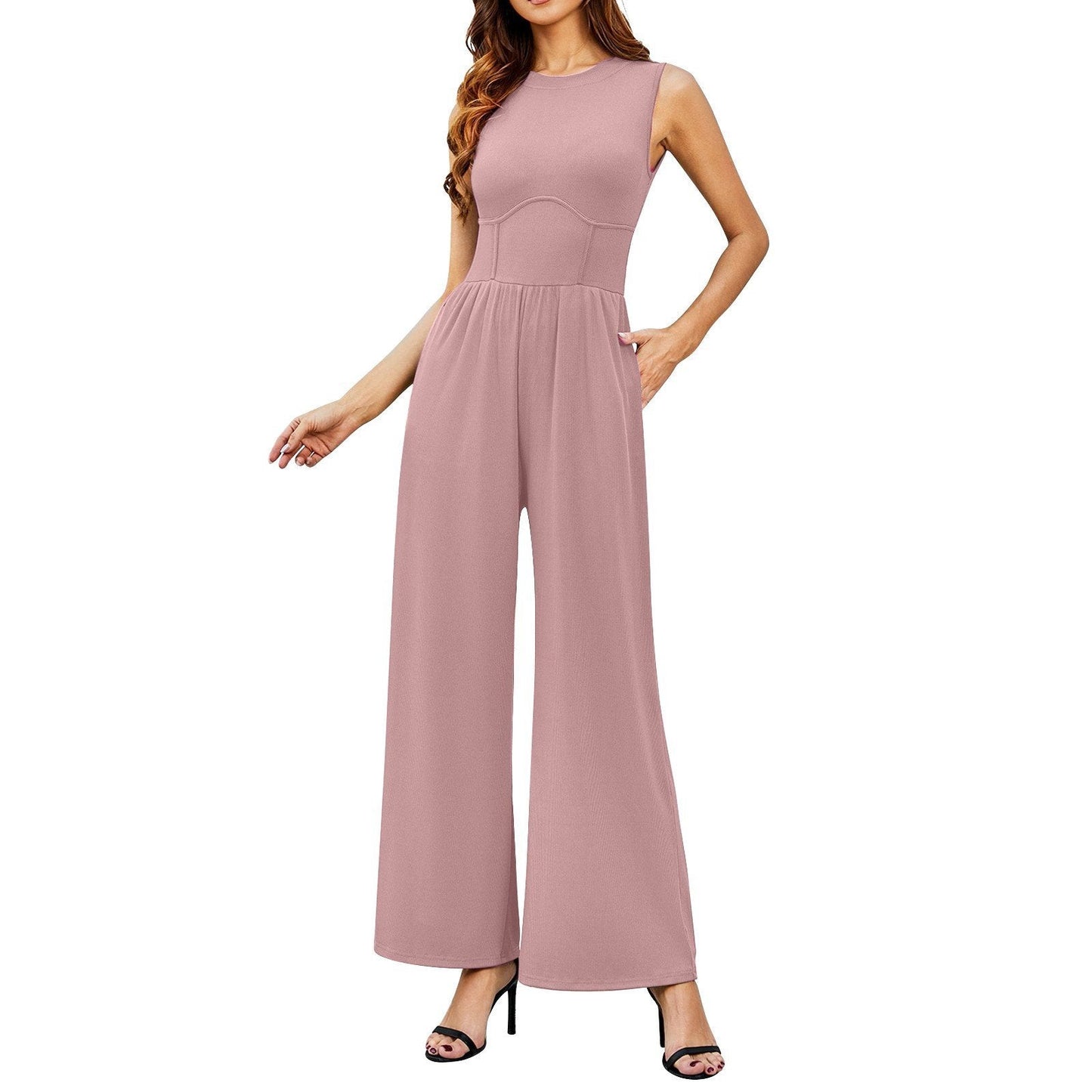 Owronline - Women’s Solid Sleeveless Wide Leg Jumpsuit