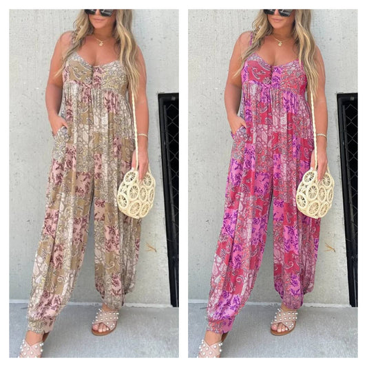 💥Owronline✨Patchwork Print Loose Jumpsuit