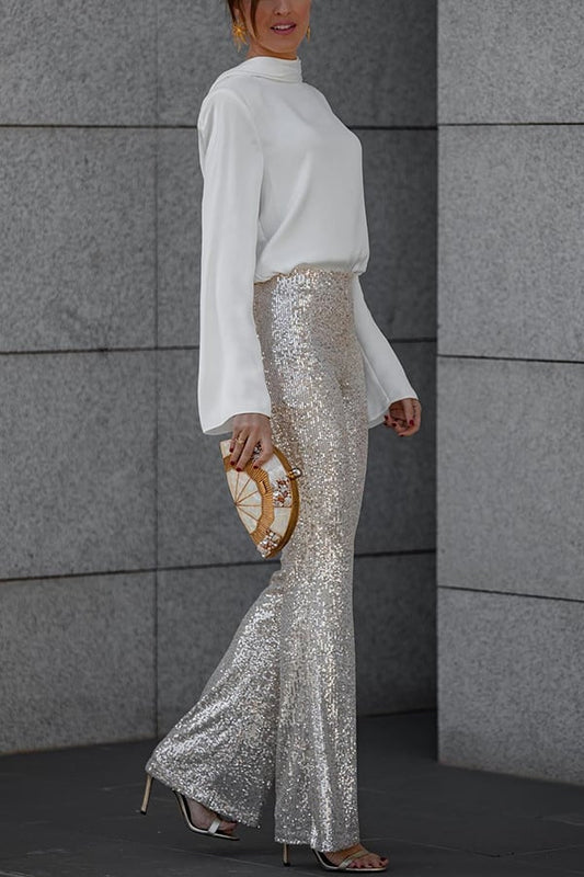 Owronline - Satin Back Chain Cowl Neck Shirt & Sequined Slim Fit Flare Pants