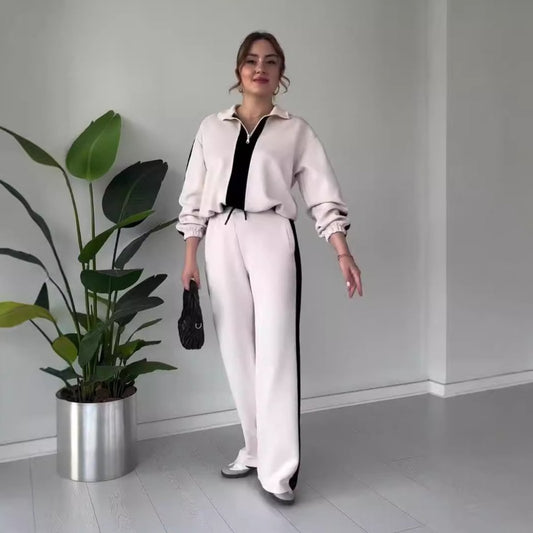 Owronline - Women's Zipper Lapel Tops & Pants 2-Piece Set