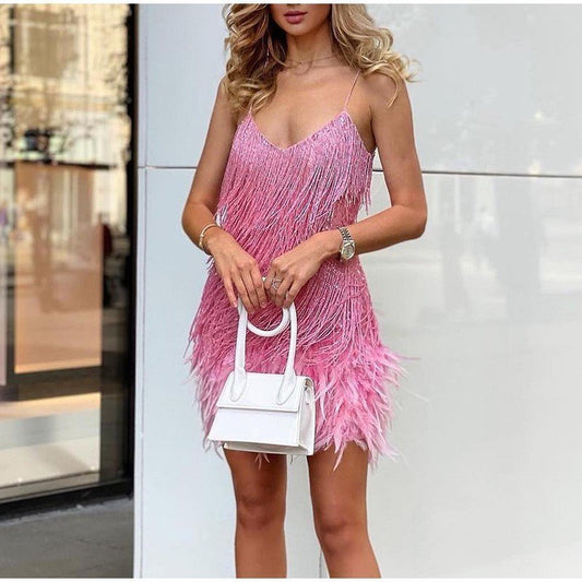 Owronline - Women's Feather Fringe Sequin Spaghetti Strap Dress - owronline