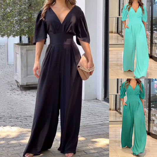 Owronline - V-neck high waist loose wide-leg jumpsuit