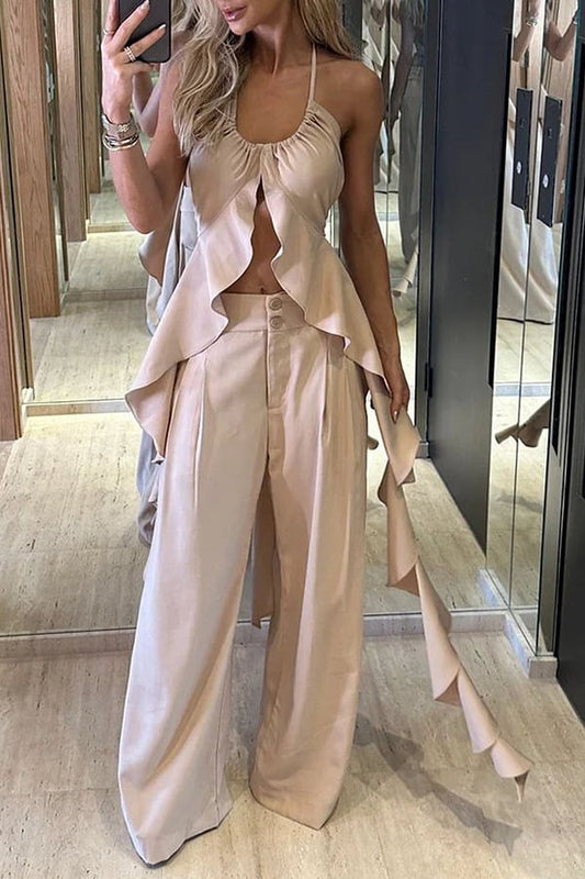 Owronline - Ruffle Slit Halter Tank and Pocketed Wide Leg Pants Set - owronline