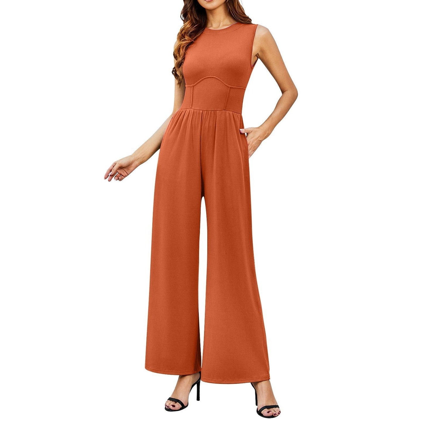 Owronline - Women’s Solid Sleeveless Wide Leg Jumpsuit