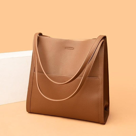 Owronline - Solid color genuine leather shoulder bag