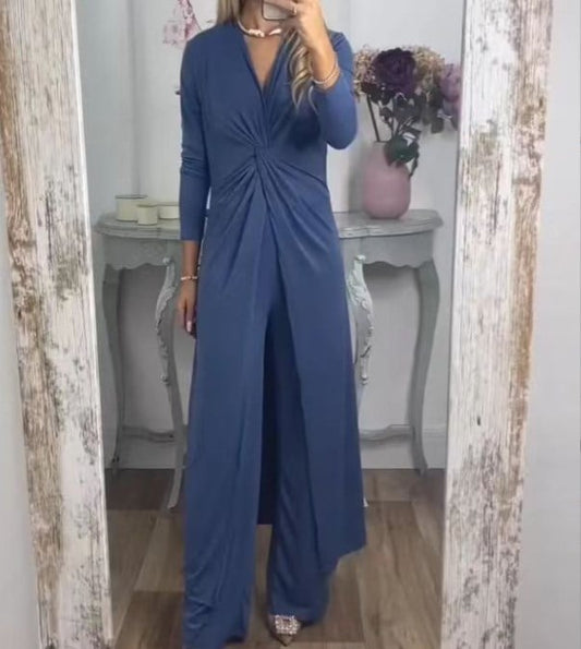 Owronline - One-piece long-sleeved slim-fit V-neck top and straight-leg pants - owronline