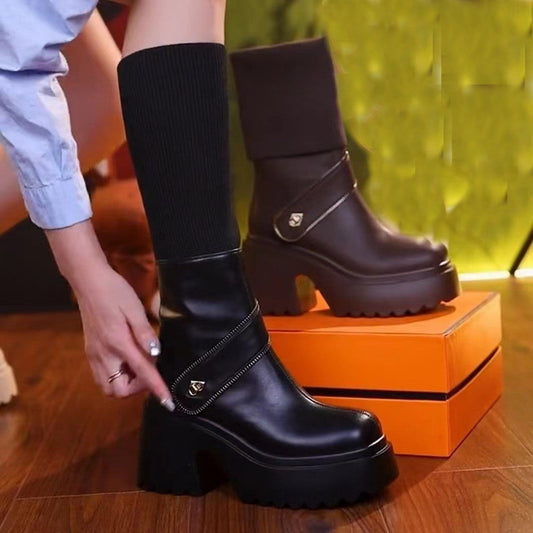 Owronline - Women's Platform Chunky Heel Knee High Boots