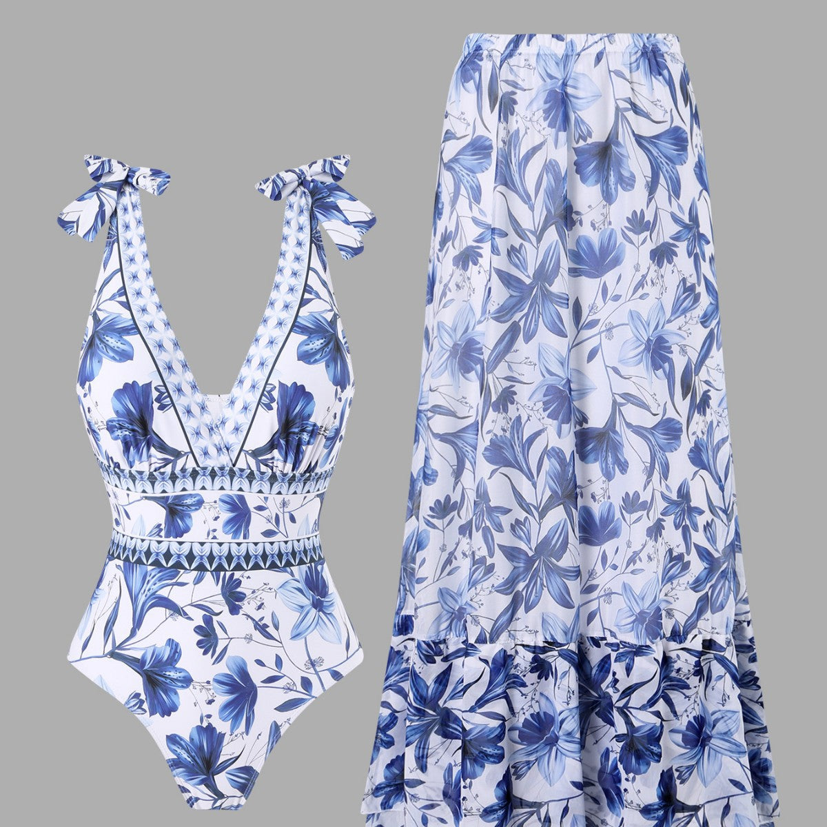 Blue and white porcelain swimsuit wrap skirt suits