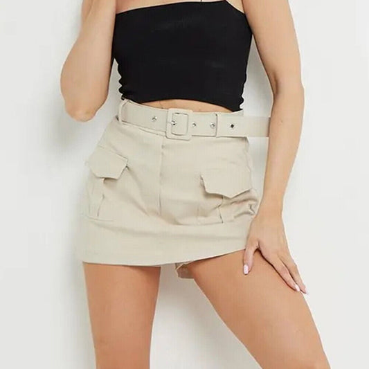 Owronline - Women's Solid Color Pockets Belt Decor Shorts - owronline