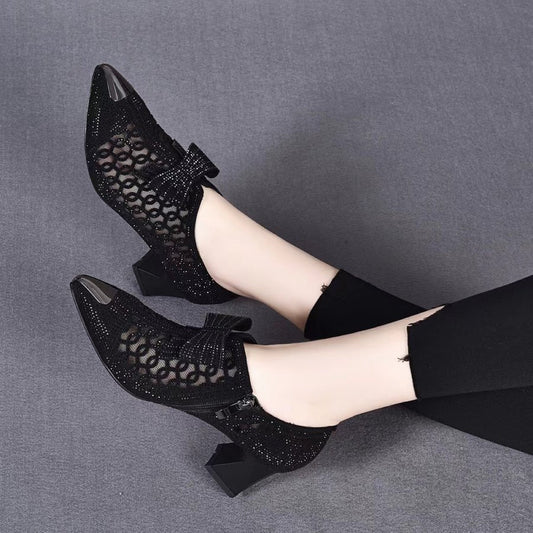 Owronline - Rhinestone hollow chunky heel shoes and new belt buckle solid color plus size women's sandals
