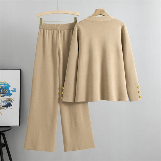 Fashion Metal Button Knit Wool Sweater Wide Leg Pants Set
