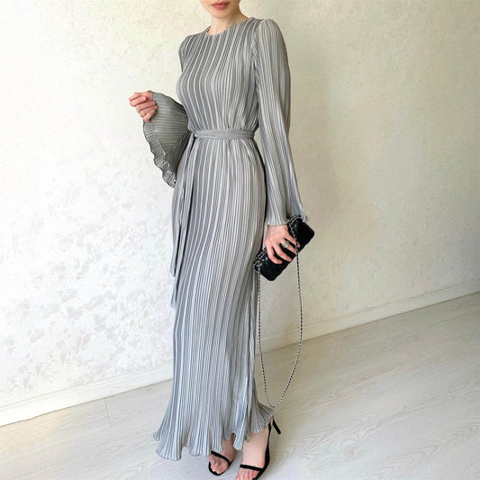 Owronline - Pleated Bell Sleeve Maxi Dress
