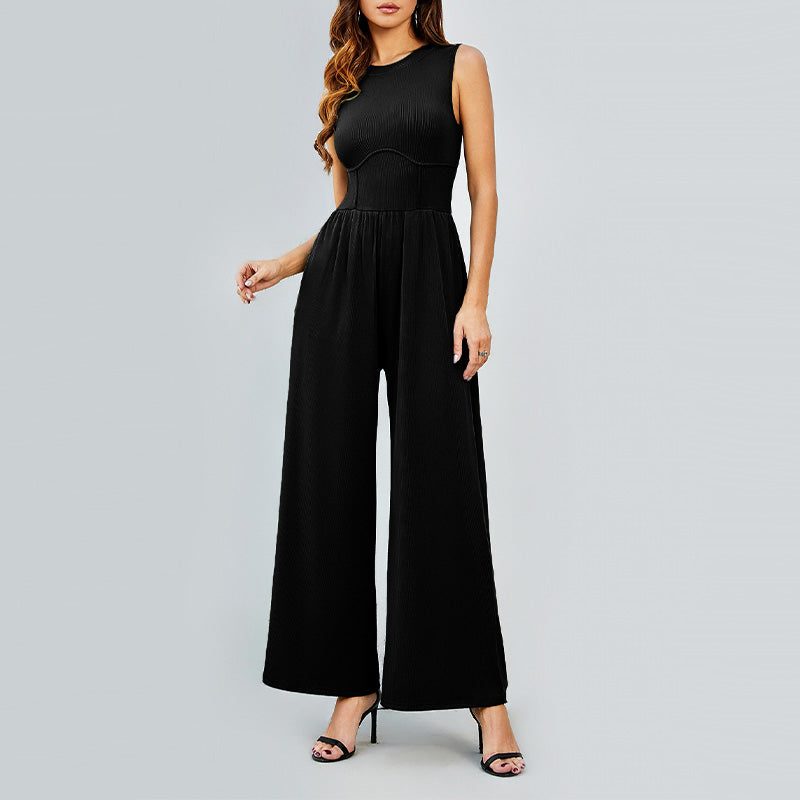 Owronline - Women’s Solid Sleeveless Wide Leg Jumpsuit