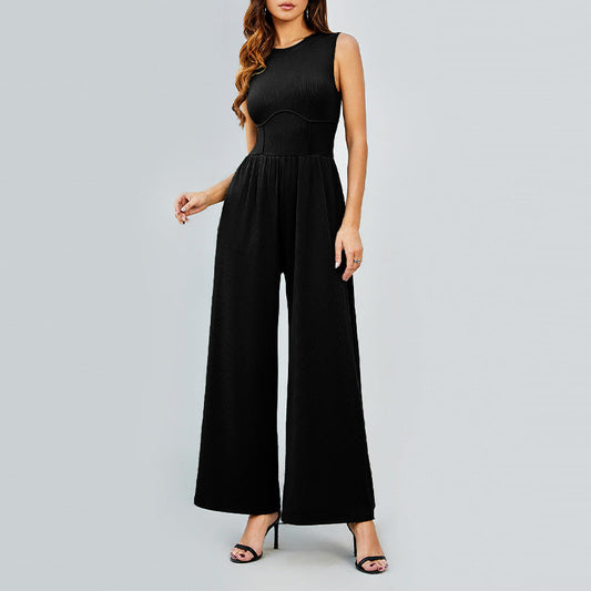 Owronline - Women’s Solid Sleeveless Wide Leg Jumpsuit